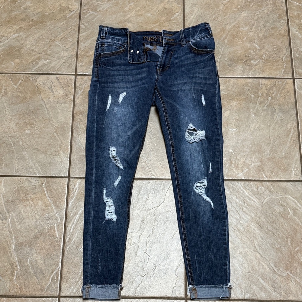 Rue21 Women's Dark Blue Distressed Skinny Jeans